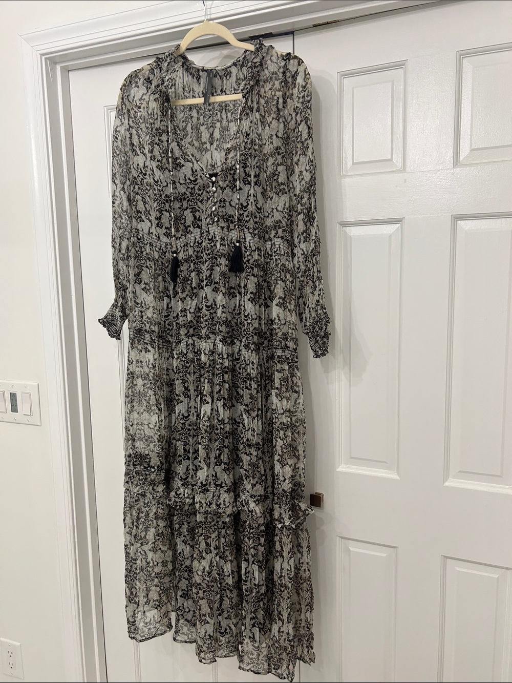 Anthropologie Black & White Printed Tiered Maxi Dress with Tassel Tie